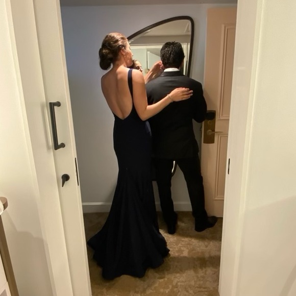 Jovani Navy Prom or Formal attire gown with low back and sheer sides - Picture 9 of 10